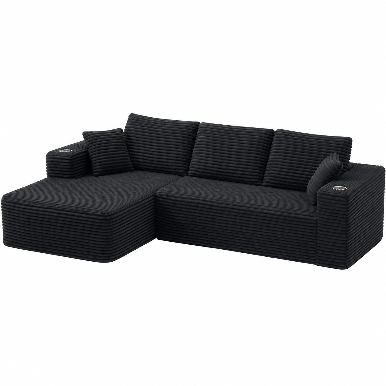 Modulares L-förmiges Sofa mit Chaiselongue, rahmenlos, 2 Getränkehalter, Schwarz