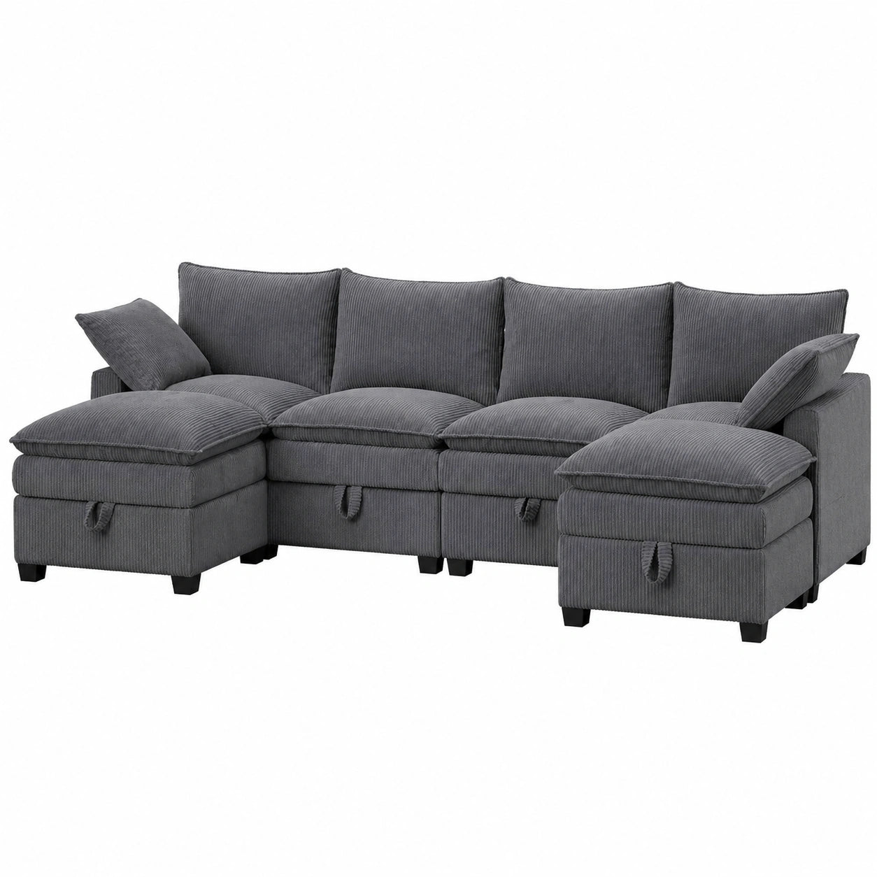 Modulares Ecksofa mit Stauraum und USB-Anschluss, L-Form Couch für Wohnzimmer, Abnehmbarer Hocker, Ideal für Kleine Räume, Grau Cord