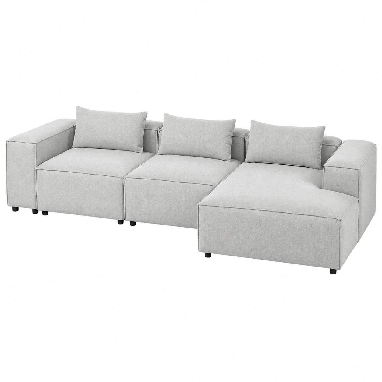 Modulares 4-Sitzer Ecksofa aus grauem Stoff mit Kissen links