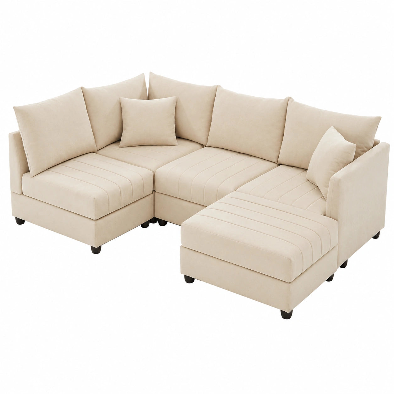 Modernes 5-Sitzer Ecksofa aus Baumwollleinen, wandelbar mit Fußhocker im Streifen-Design, 220 cm, Beige
