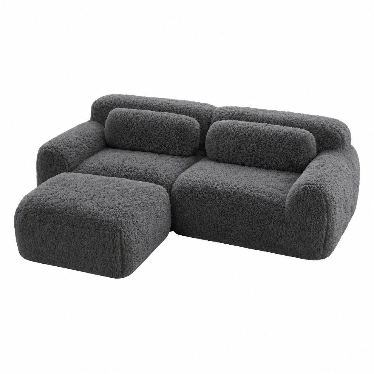 Modulares 2-Sitzer Ecksofa in Plüsch Grau, Flexibel Kombinierbar, Geschwungene Form für Wohnzimmer