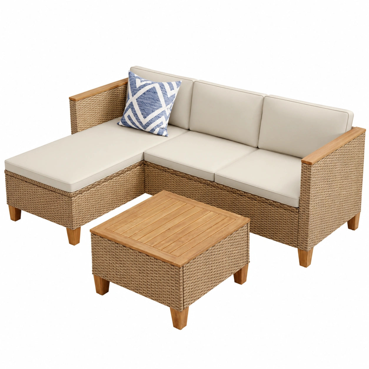 PHI VILLA 3-teiliges Gartenmöbel-Set, Rattan Lounge mit Chaiselongue, Zweisitzer-Sofa und Couchtisch, für 4 Personen, Balkon- und Terrassenmöbel