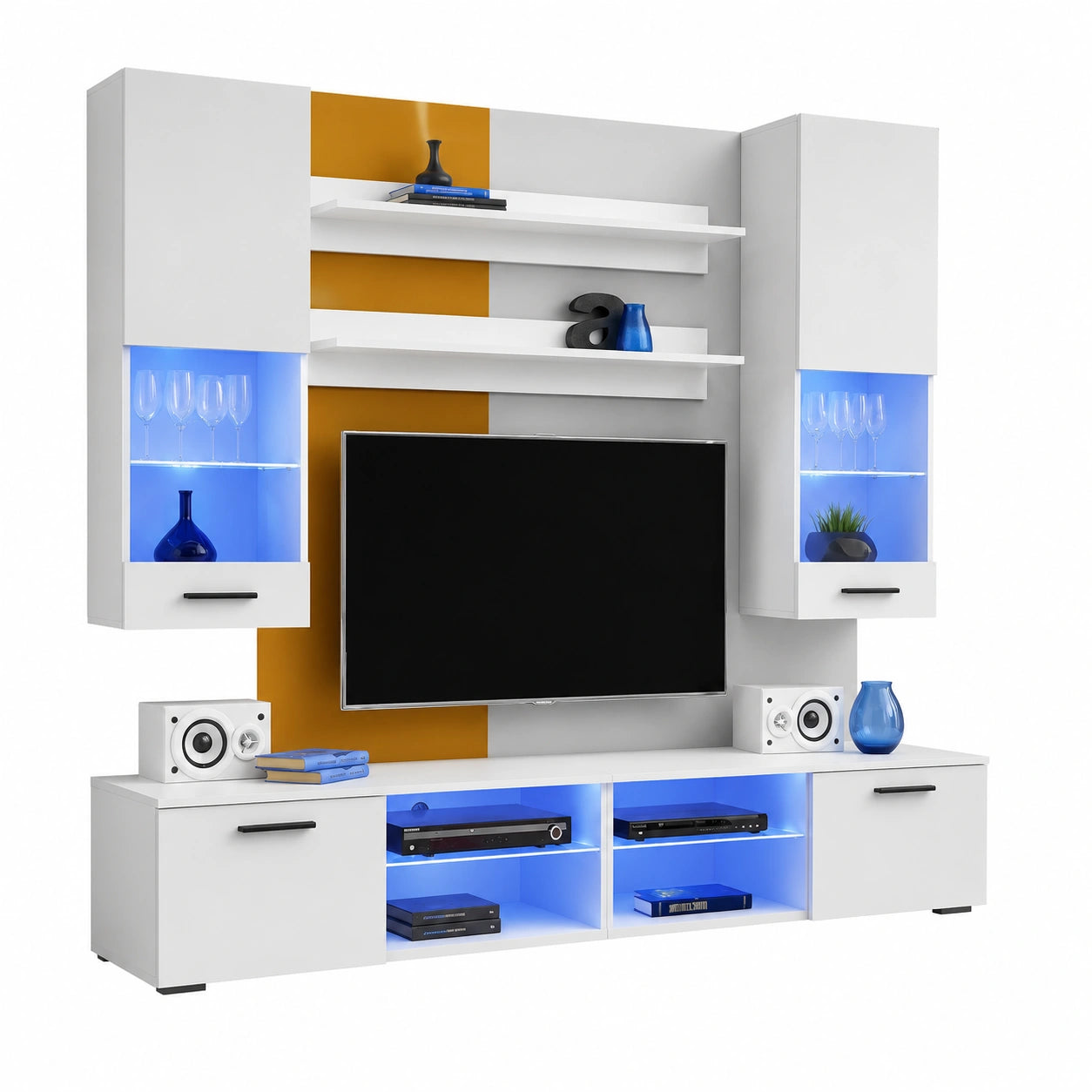 Modernes Wohnzimmer-Set Varallo, Hochglanz- und Mattweiß, 200x195x45cm, ohne LEDs