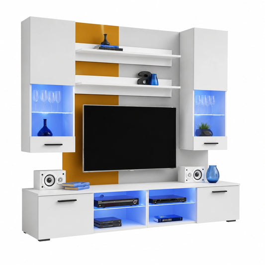 Modernes Wohnzimmer-Set Varallo, Hochglanz- und Mattweiß, 200x195x45cm, ohne LEDs