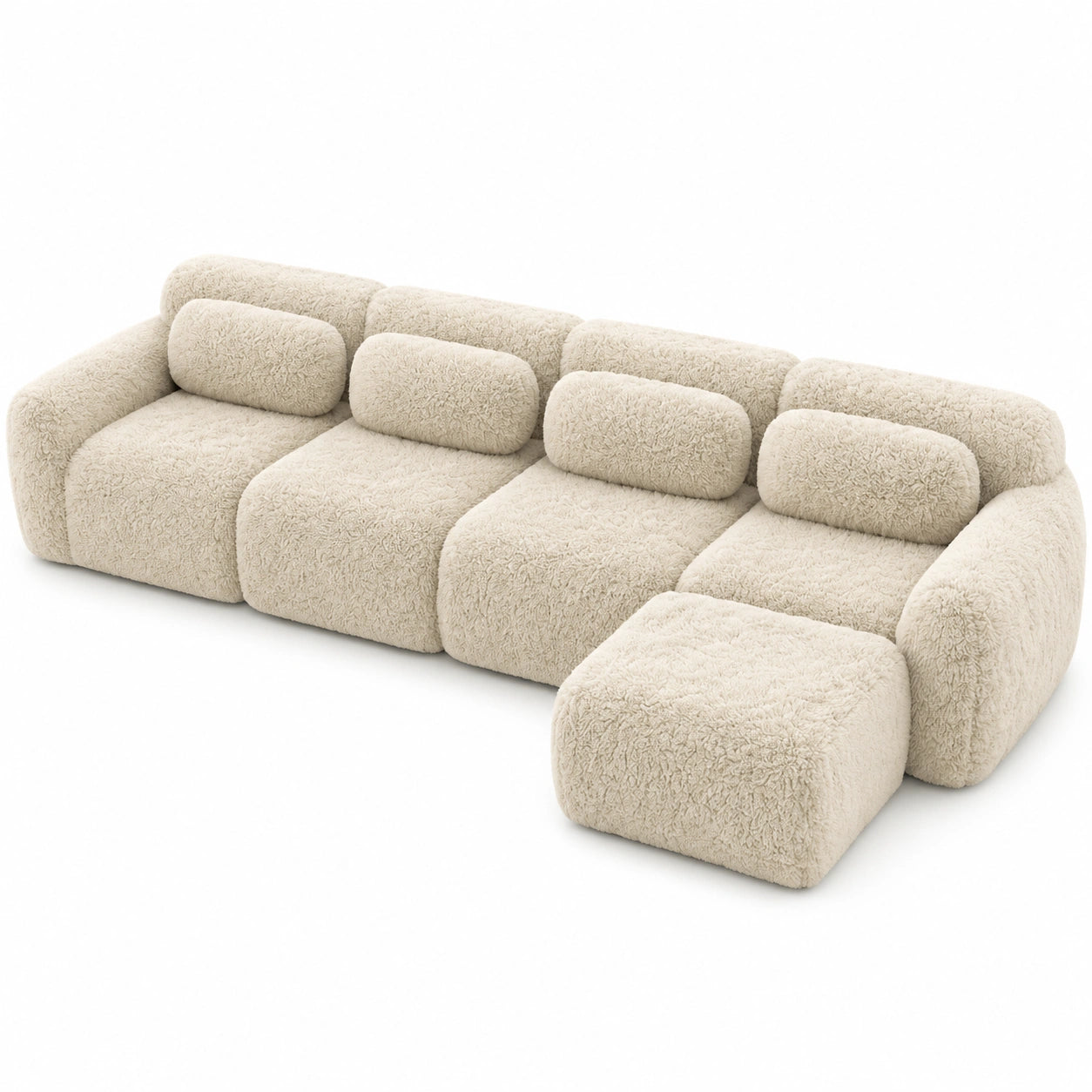 Modulares Ecksofa 4-Sitzer mit Chaise, Geschwungenes Plüschdesign in Hellkhaki für Wohnzimmer