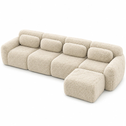 Modulares Ecksofa 4-Sitzer mit Chaise, Geschwungenes Plüschdesign in Hellkhaki für Wohnzimmer