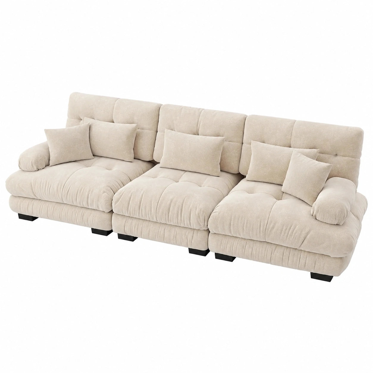 Elegantes 3-Sitzer-Modulsofa mit Chenille-Bezug und Massivholz-Elementen, Hellbeige
