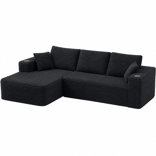 Modulares L-förmiges Sofa mit Chaiselongue, rahmenlos, 2 Getränkehalter, Schwarz