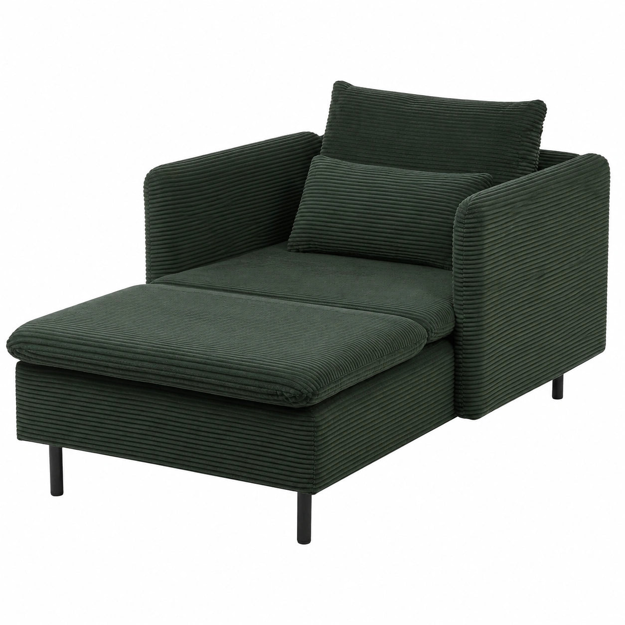 Modulare Chaiselongue in Dunkelgrün mit Kissen und schmalen Armlehnen