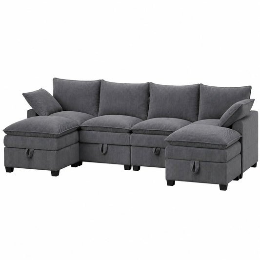 Modulares Ecksofa mit Stauraum und USB-Anschluss, L-Form Couch für Wohnzimmer, Abnehmbarer Hocker, Ideal für Kleine Räume, Grau Cord