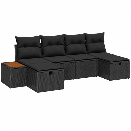 6-teiliges Garten-Loungeset aus schwarzem Polyrattan, wetterfeste Terrasse- und Balkonsofa mit Stauraum, 55x62x69 cm, ideal für Frühling und Sommer
