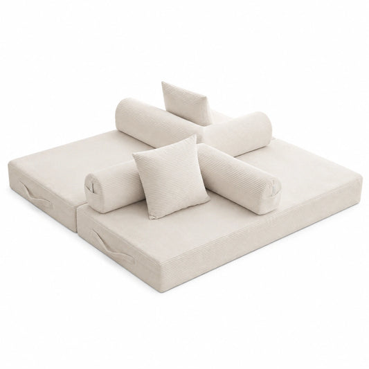 Sapgaks 3-Sitzer Verwandlungssofa mit Seitentaschen und Kissen, faltbar und kombinierbar, Beige