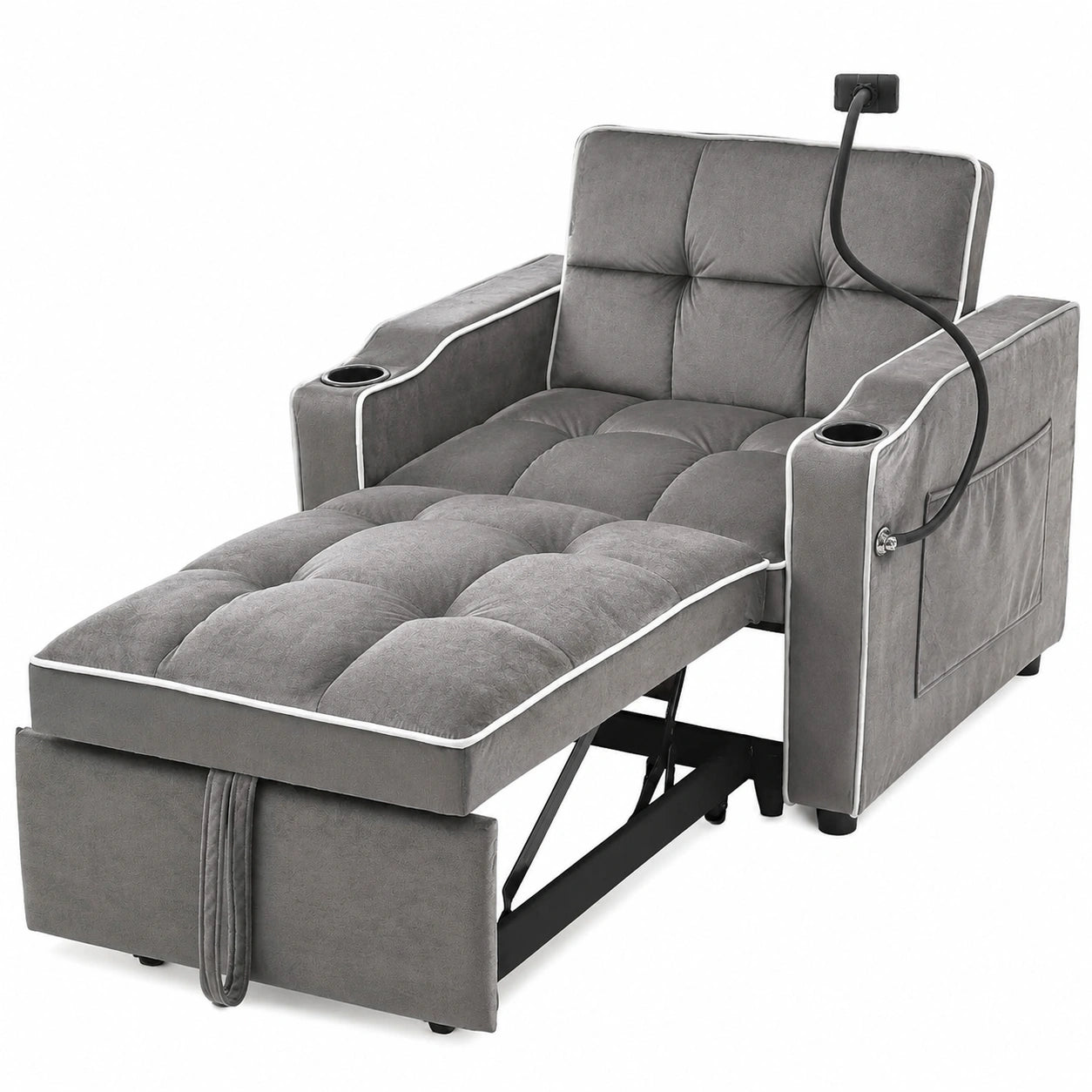 Multifunktionales Schlafsofa 3-in-1 mit Getränke- und Handyhalter, Verstellbarer Sessel für kleine Räume, Dunkelgrau, 83x167x76 cm