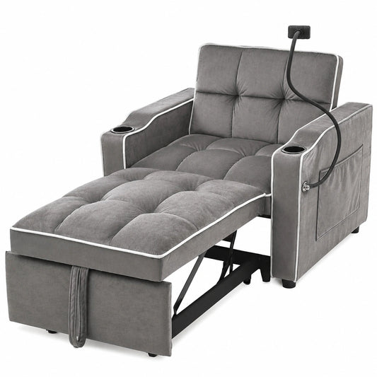 Multifunktionales Schlafsofa 3-in-1 mit Getränke- und Handyhalter, Verstellbarer Sessel für kleine Räume, Dunkelgrau, 83x167x76 cm