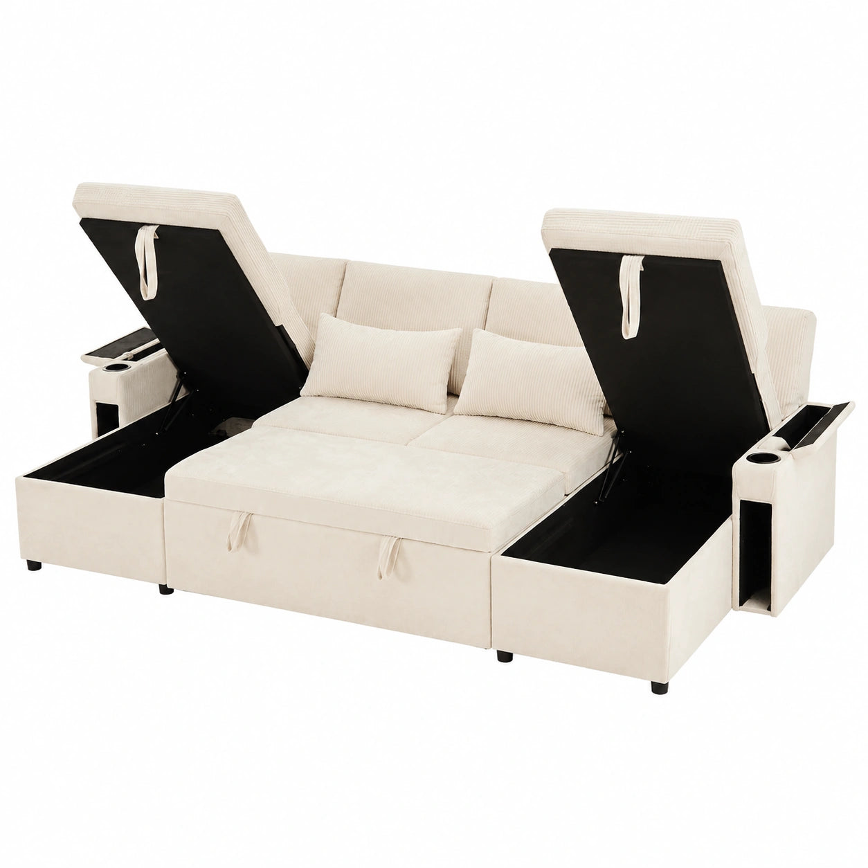 U-förmiges Schlafsofa für vier Personen mit Stauraum und Schlaffunktion, inklusive Getränkehalter und Kissen, multifunktional für Wohnzimmer, Beige