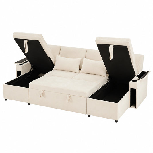 U-förmiges Schlafsofa für vier Personen mit Stauraum und Schlaffunktion, inklusive Getränkehalter und Kissen, multifunktional für Wohnzimmer, Beige