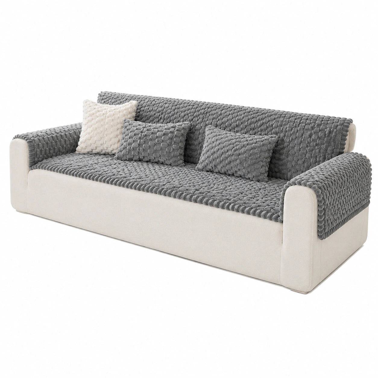 Moderner Skandinavischer Sofasatz mit Dekokissen im Streifenmuster, Mittelgrau, 70x180cm