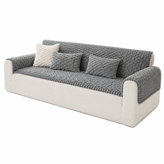 Moderner Skandinavischer Sofasatz mit Dekokissen im Streifenmuster, Mittelgrau, 70x180cm