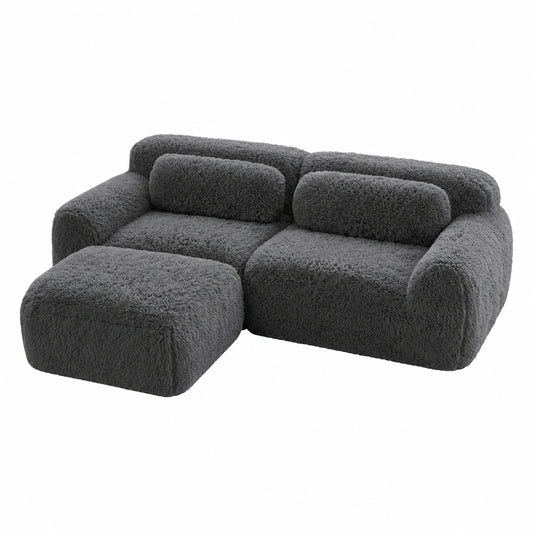 Modulares 2-Sitzer Ecksofa in Plüsch Grau, Flexibel Kombinierbar, Geschwungene Form für Wohnzimmer