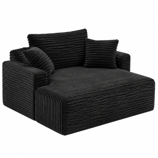 Modernes bodennahes Cord-Sofa mit Schlaffunktion, Chaise Longue und 3 Kissen, komfortabel und ohne Montage, Schwarz, 172x130x71 cm