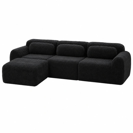 Modulares Ecksofa 4-Sitzer ohne Rahmen, Tiefes Sitzkissen, Plüsch, Schwarz