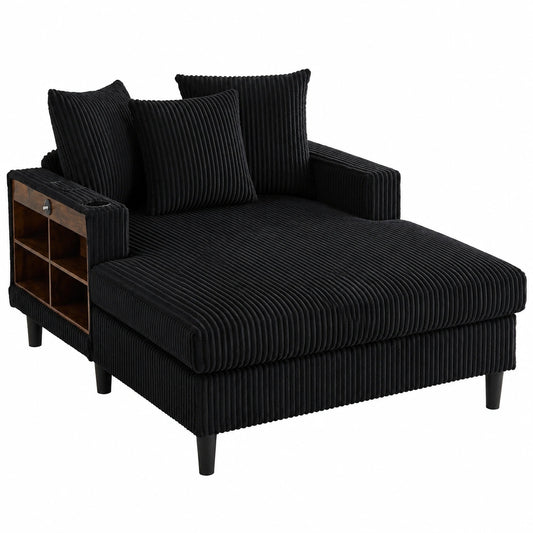 Cord-Lounge-Sofa mit Chaiselongue, vielseitige Nutzung, Getränkehalter, LED-Licht, USB-Ladeanschluss, Seitentasche, Stauraum, robuste Kunststofffüße, Schwarz