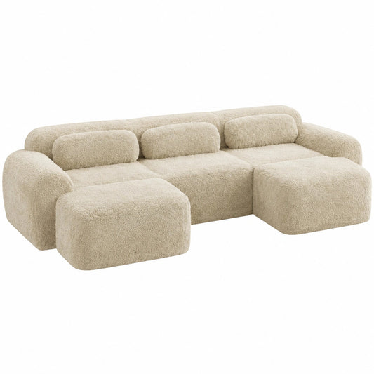 Modulares Ecksofa 4-Sitzer U-Form mit Kissen, Plüsch, Hellkhaki