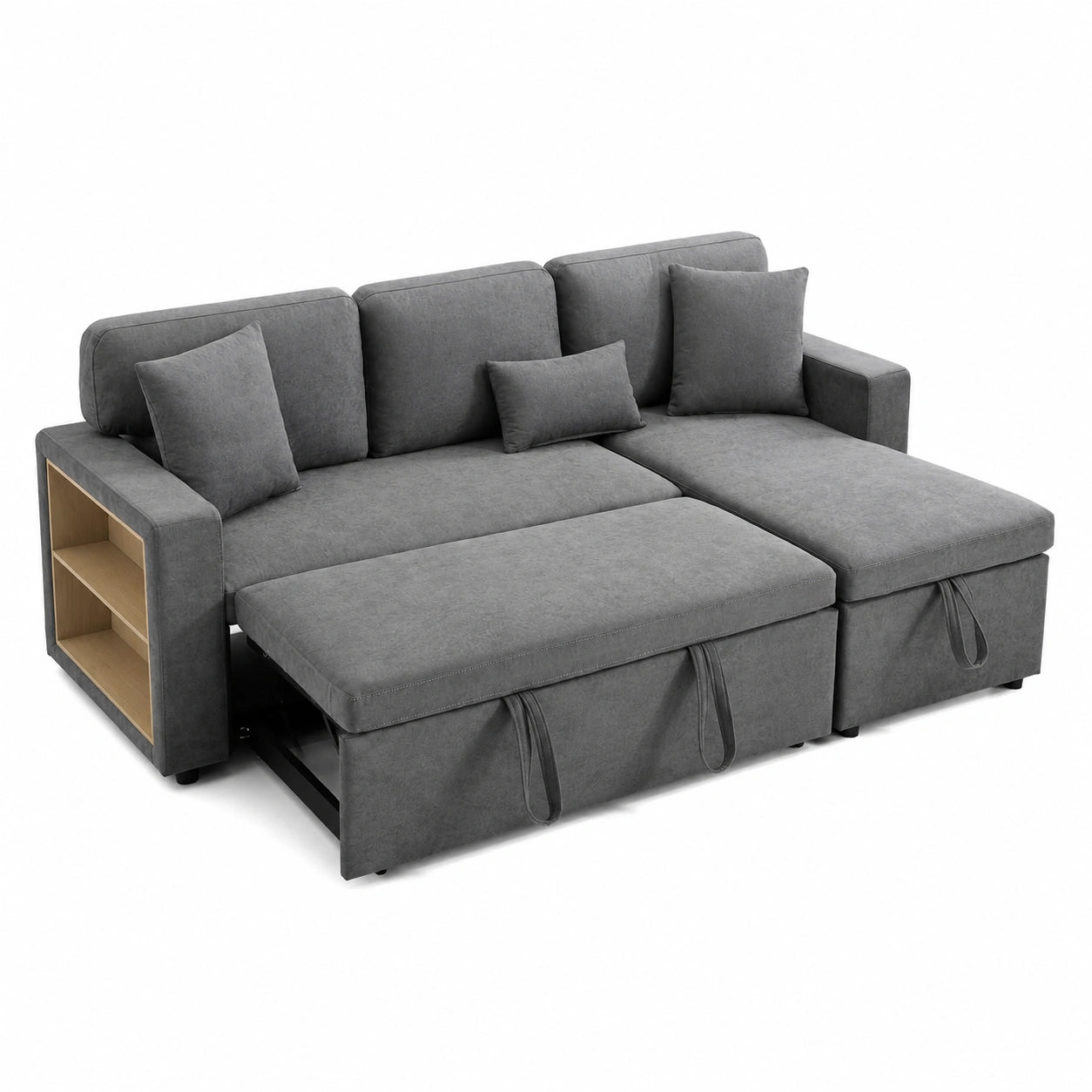 Ecksofa mit Bettfunktion und USB-Anschluss, Großes 3-Sitzer-Schlafsofa mit Regal, Dunkelgraues Polstermöbel mit Stauraum