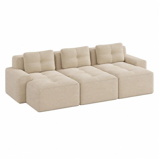 Modulares U-förmiges Sofa aus Corduroy, Cloud-Design, Beige, Bequemes Sofa-Set mit Ottoman, Tiefsitzendes Wohnzimmer-Sofa, Ohne Montage