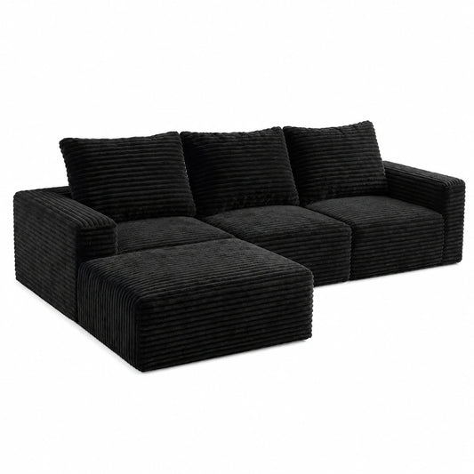 Gemütliches L-förmiges Ecksofa aus Breitcord, 3-Sitzer, mit Hocker, ohne Montage, langlebiger Schaumstoffkern, komfortabel und hautfreundlich, in Schwarz