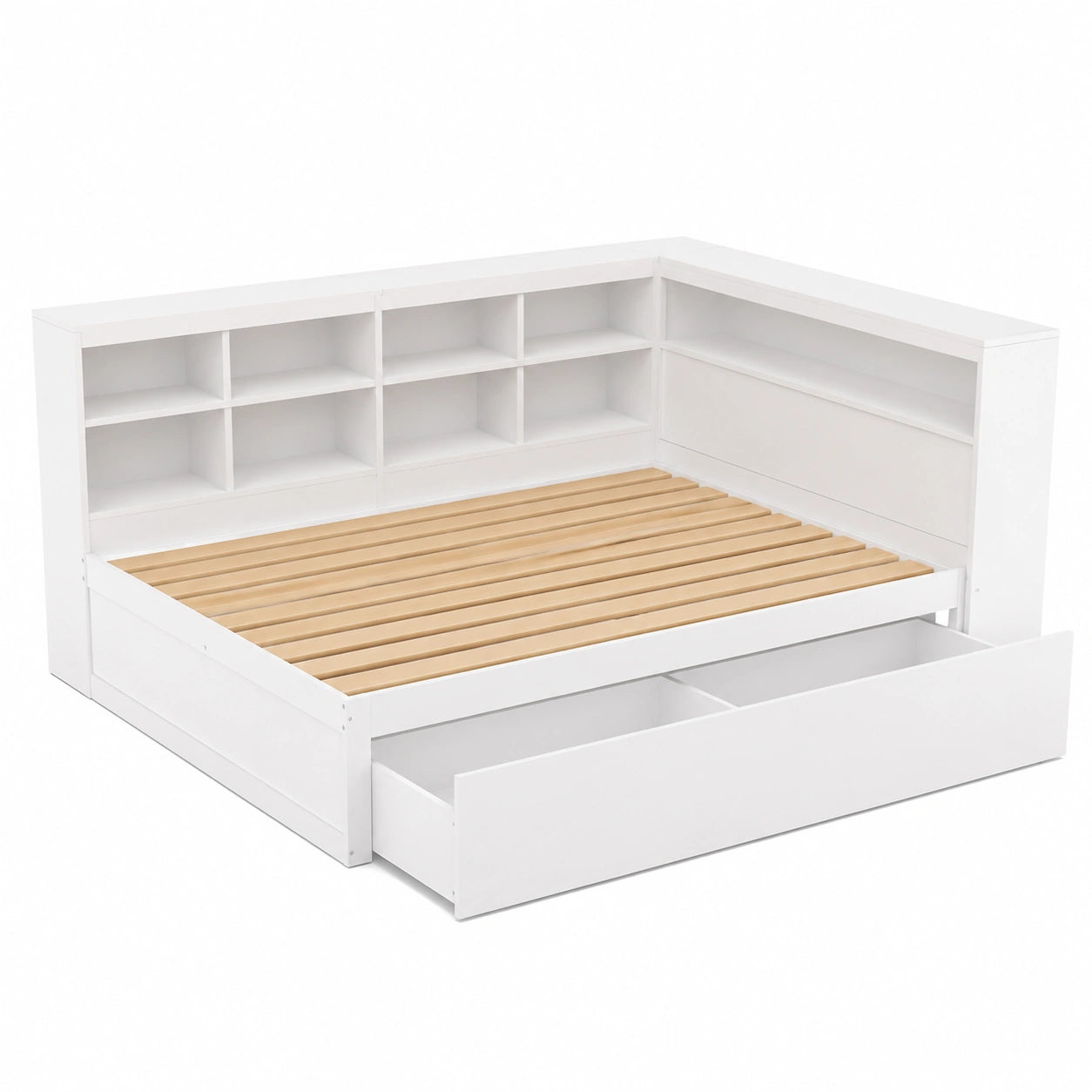 Multifunktionales Doppelbett aus Massivholz 140x200cm, mit USB-Anschluss, LED-Beleuchtung und großem Stauraum, Weiß