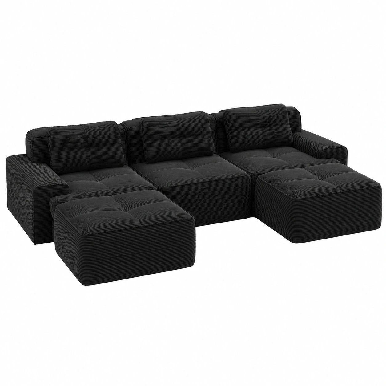 Modulares U-Sofa mit Schlaf- und Ottoman-Funktion, Cord, 3-Sitzer, Schwarz