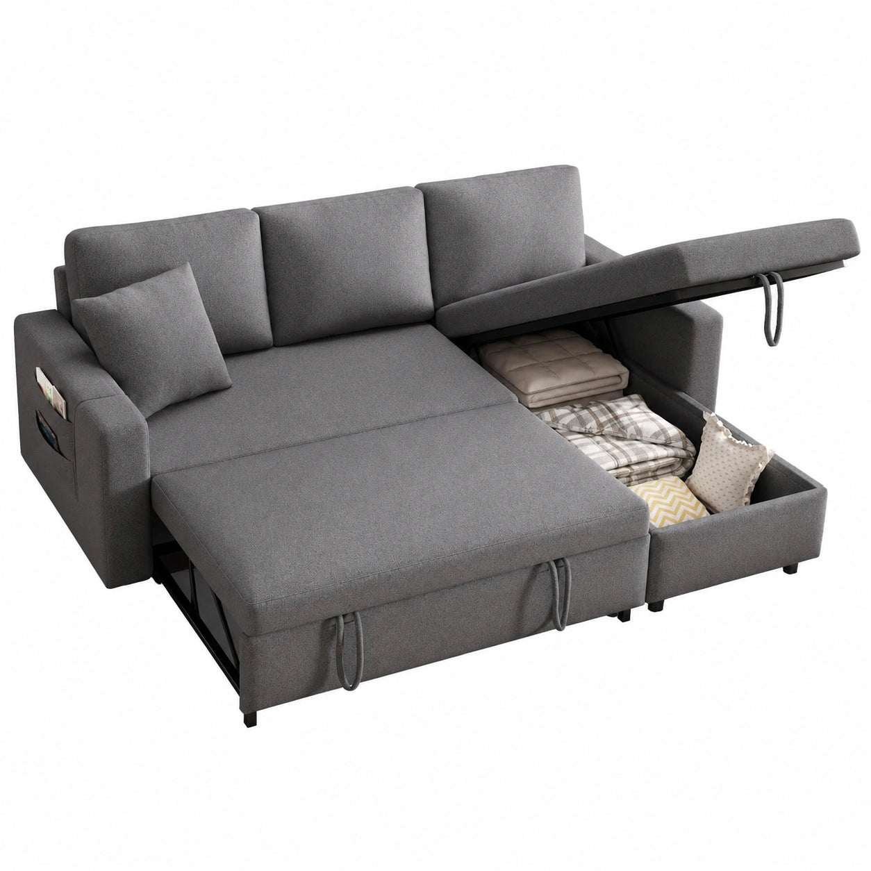Modernes L-förmiges Schlafsofa mit Stauraum und Getränkehalter, wandelbar links/rechts, dunkelgrau